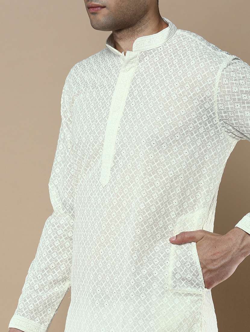 off white cotton kurta pyjama ethnic wear set - 22375485 -  Standard Image - 4