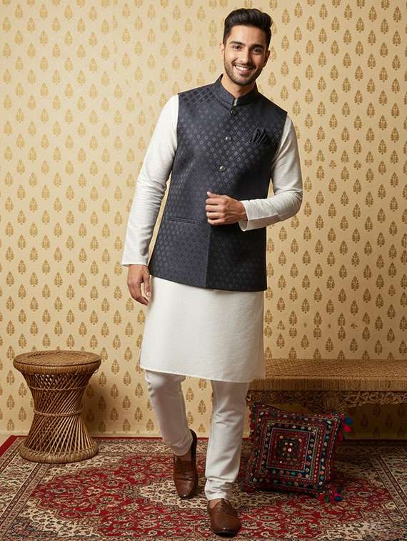 men long sleeve kurta pyjama with nehru jacket  - 22375509 -  Standard Image - 1
