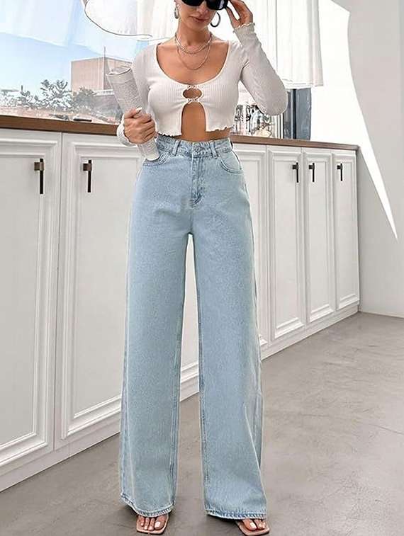 women solid high rise wide leg jeans