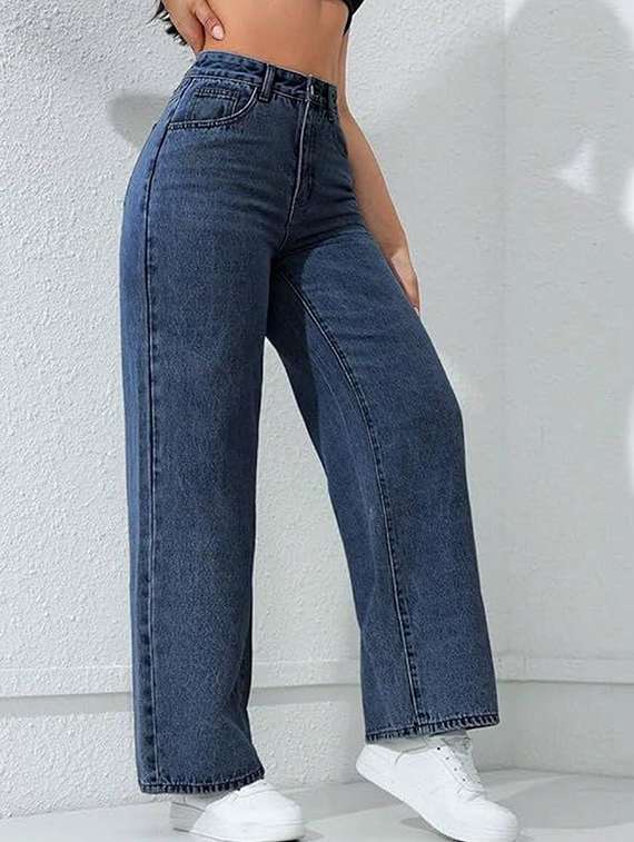 women solid high rise wide leg jeans