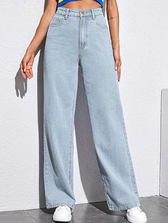 women solid high rise wide leg jeans