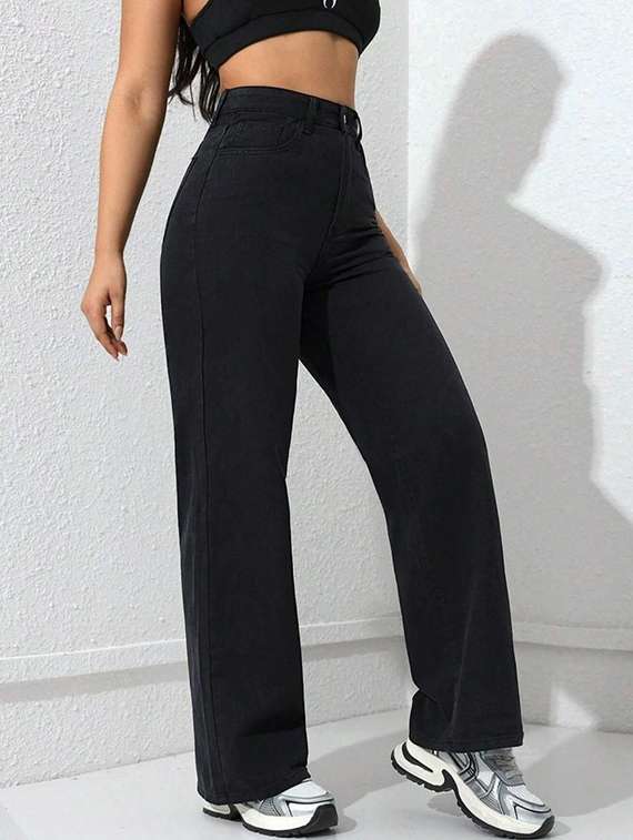 women solid high rise straight jeans