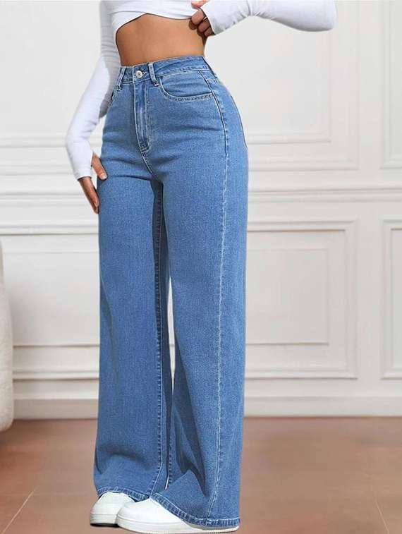 women solid high rise wide leg jeans
