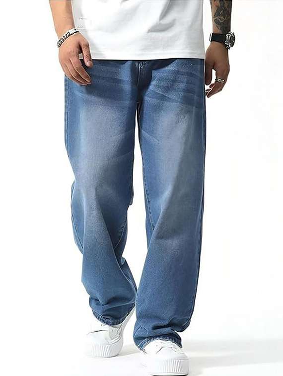men solid mid rise baggy jeans