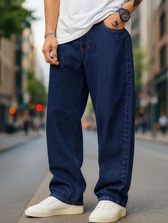 men solid mid rise baggy jeans