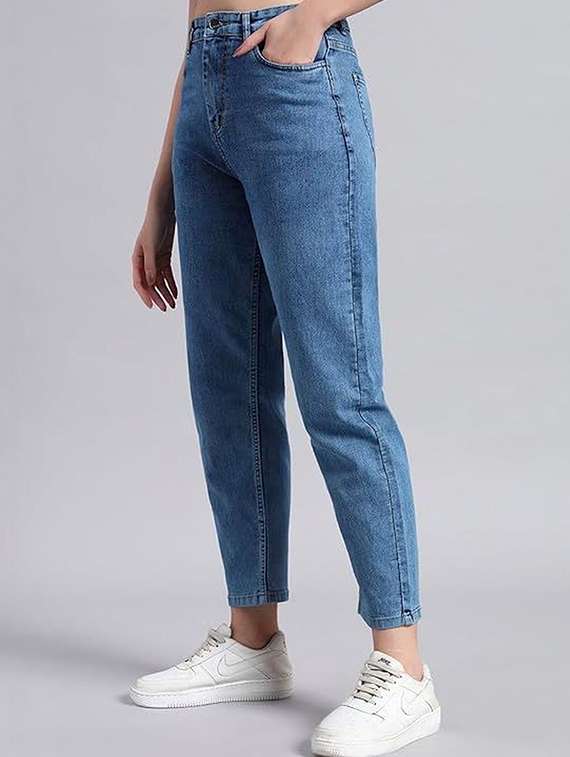 women solid high rise mom fit jeans