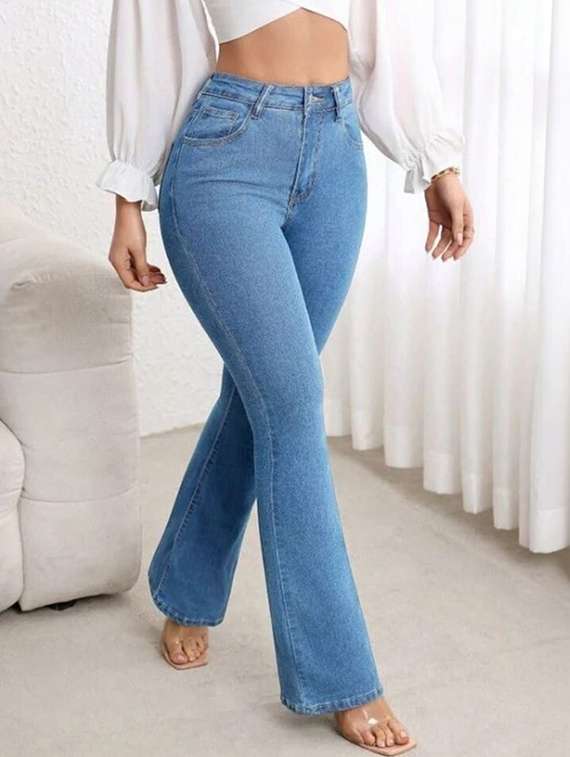 women solid high rise bootcut jeans