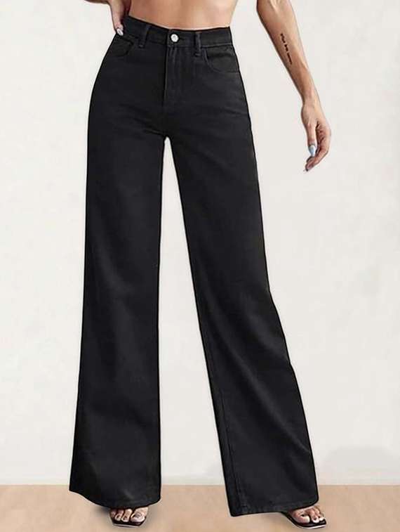 women solid high rise wide leg jeans
