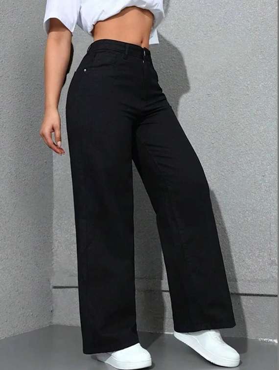 women solid high rise wide leg jeans