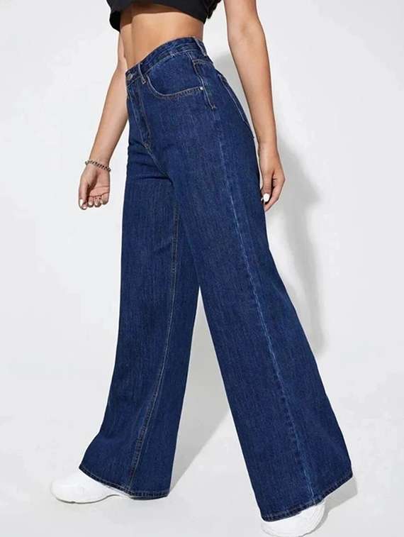 women solid high rise wide leg jeans