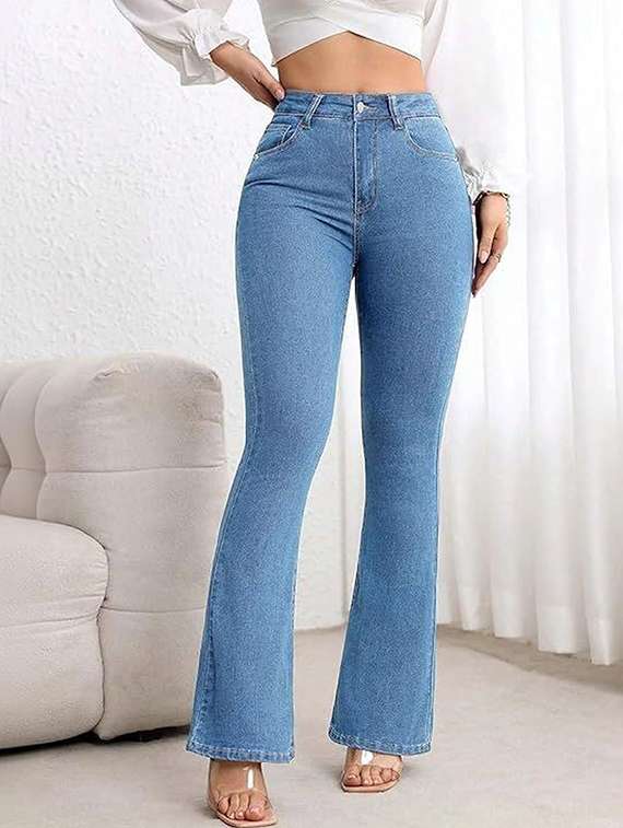 women solid high rise bootcut jeans