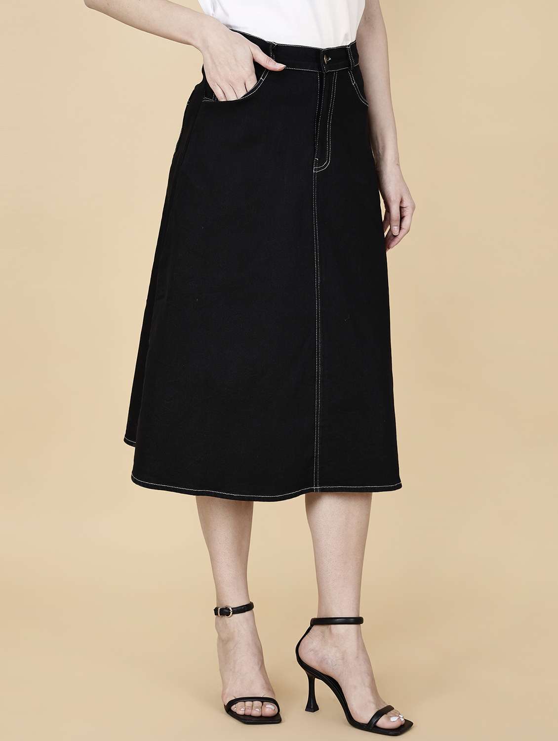 women solid mid rise denim a-line skirt - 22376664 -  Standard Image - 1
