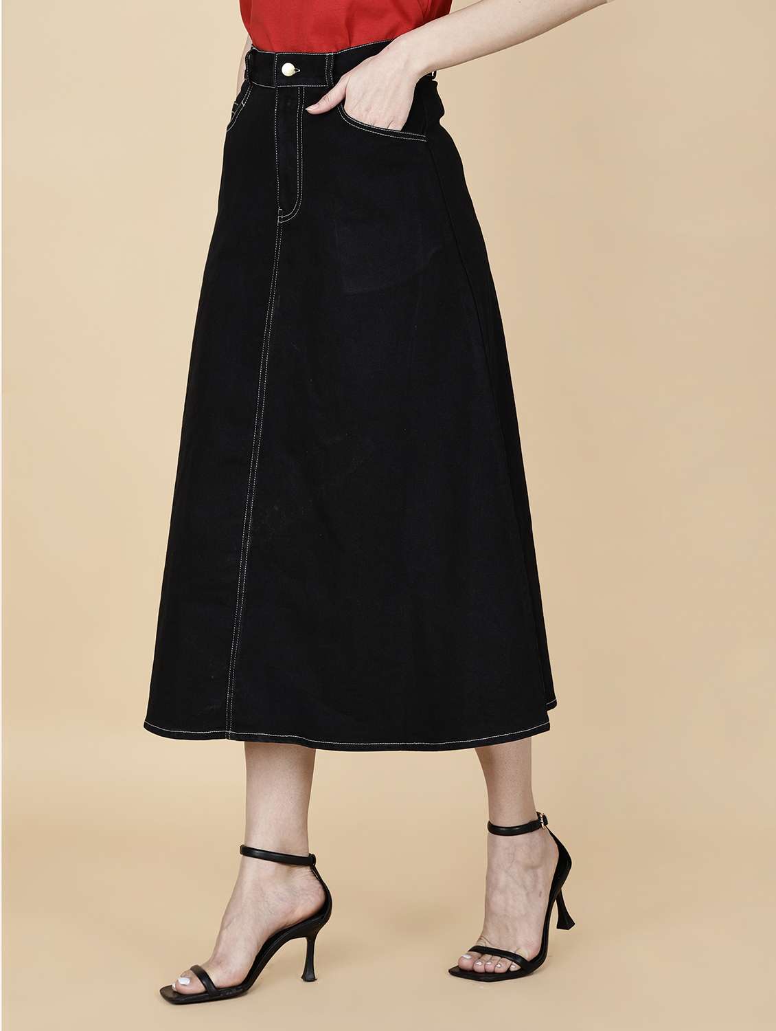 women solid high rise denim a-line skirt - 22376669 -  Standard Image - 1