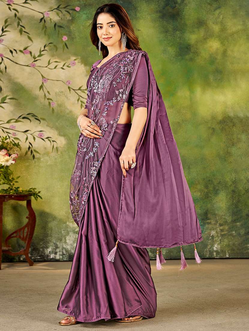 purple satin predrape saree with blouse - 22376690 -  Standard Image - 1