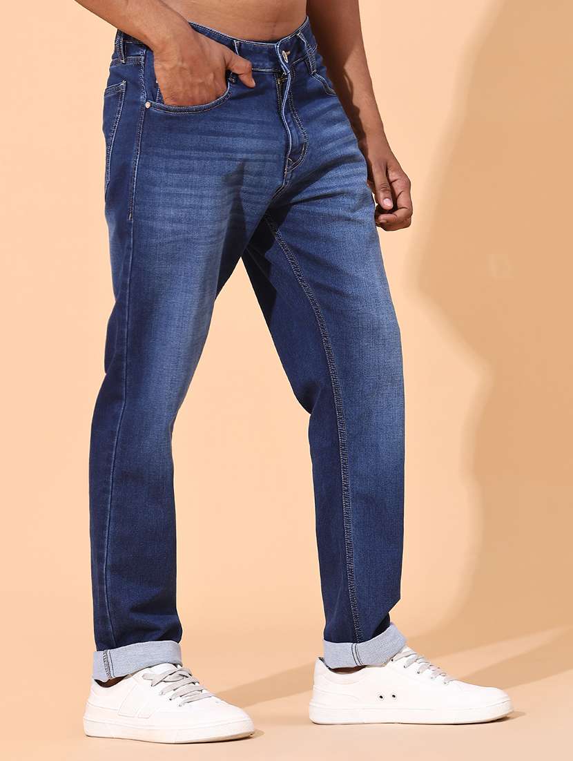 men washed mid rise full length tapered jeans