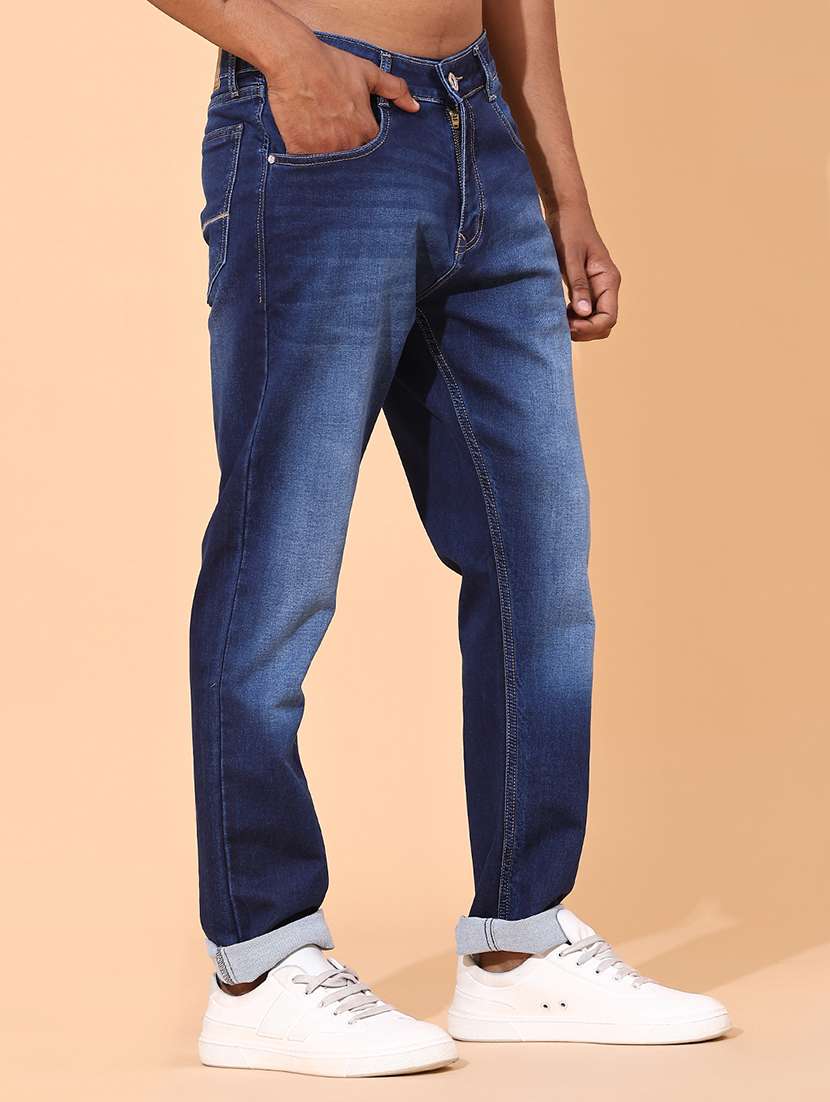 men washed mid rise full length tapered jeans