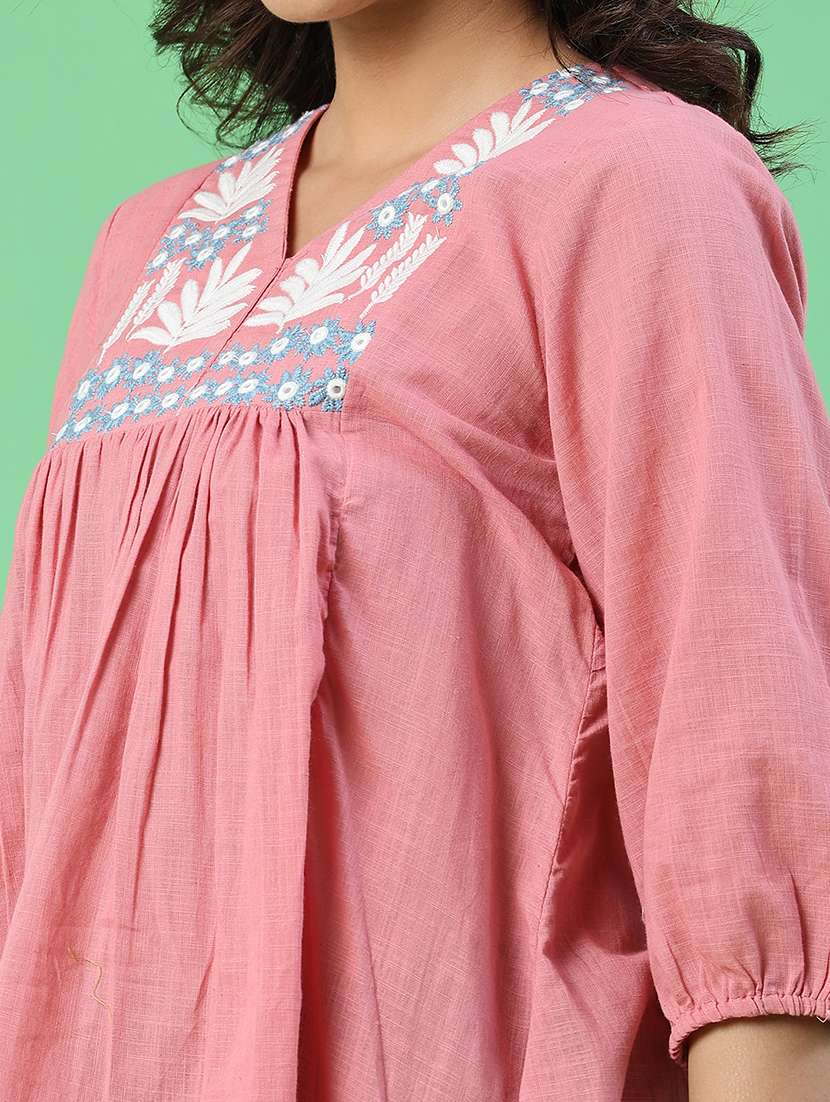 women embroidered three quarter sleeves flared top - 22376945 -  Standard Image - 1