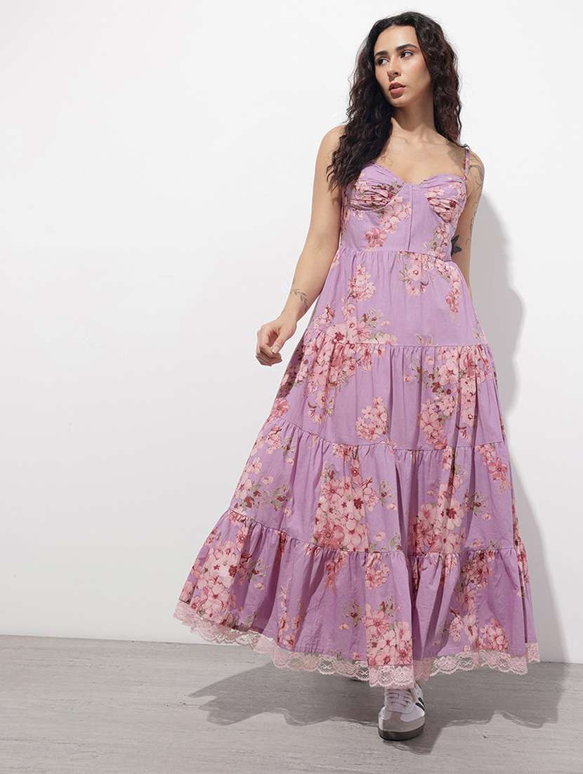 women printed shoulder strap tiered dress