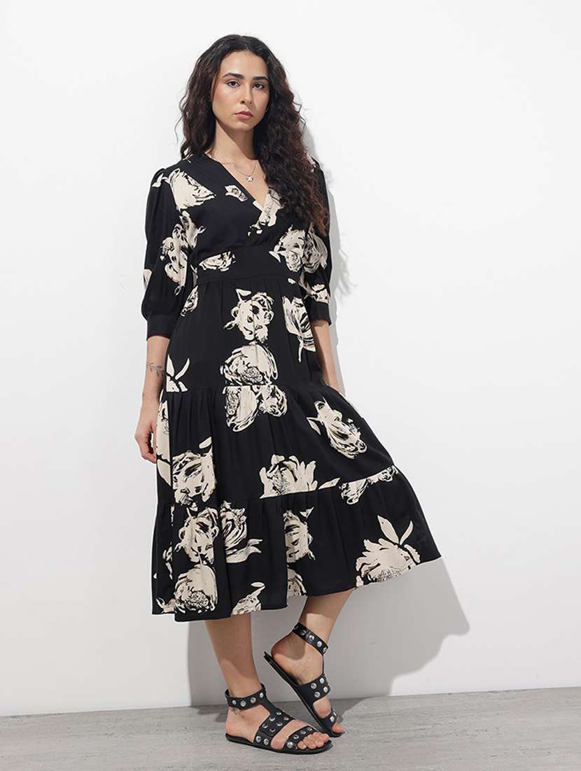 women printed puff sleeve tiered dress - 22376972 -  Standard Image - 1