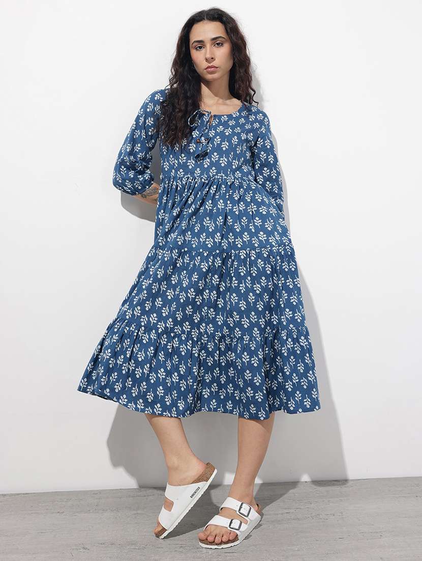 women printed puff sleeve tiered dress