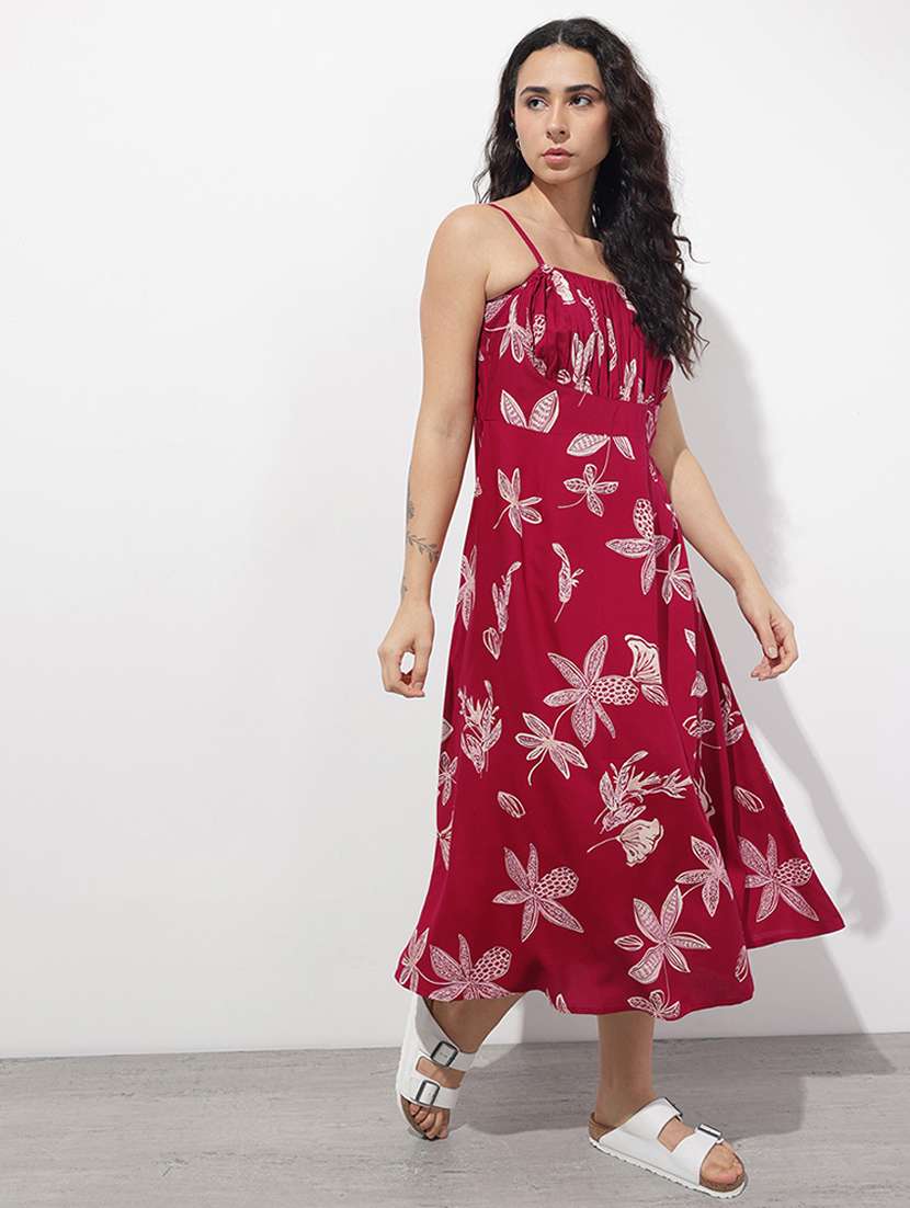 women printed shoulder strap fit & flared dress