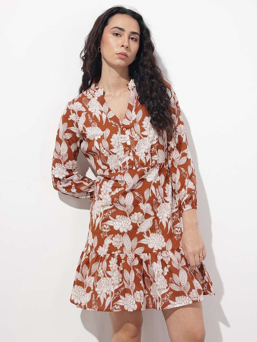 women floral print long sleeve tiered dress