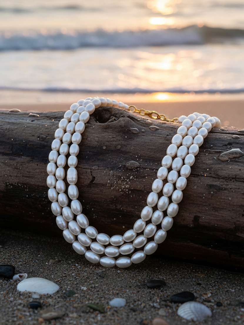 white pearl triple liner necklace for women