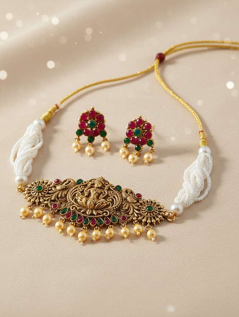 brass antique gold finish lakshmi choker necklace set