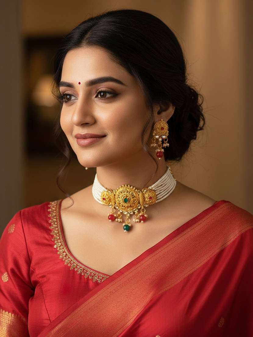 brass gold pearl beaded necklace set - 22377316 -  Standard Image - 1