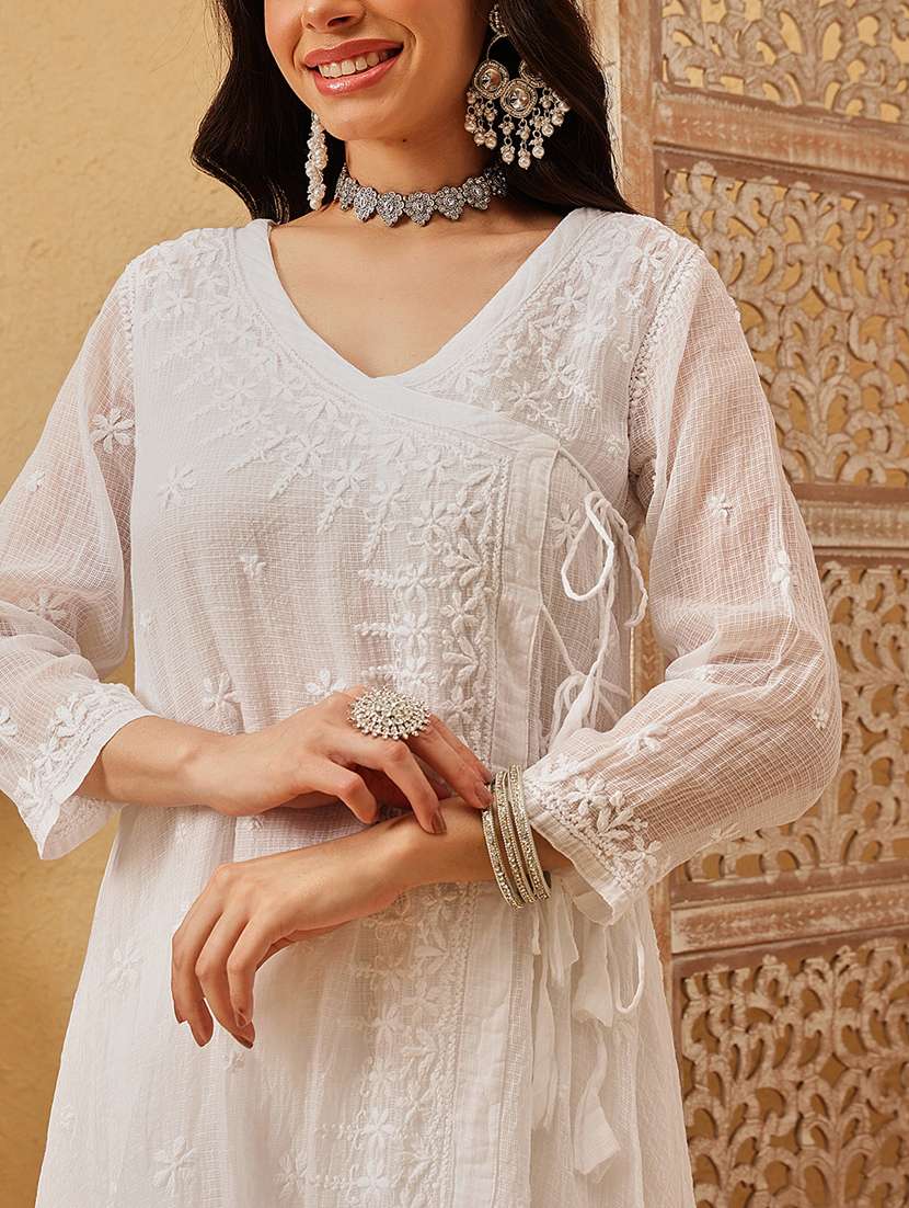 women chikankari three quarter sleeve angrakha kurta - 22377339 -  Standard Image - 1