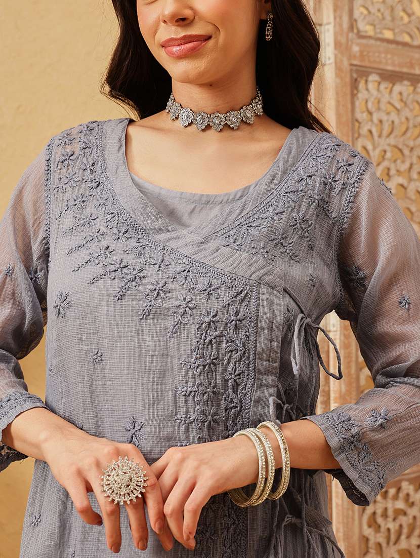 women chikankari three quarter sleeve angrakha kurta - 22377340 -  Standard Image - 1