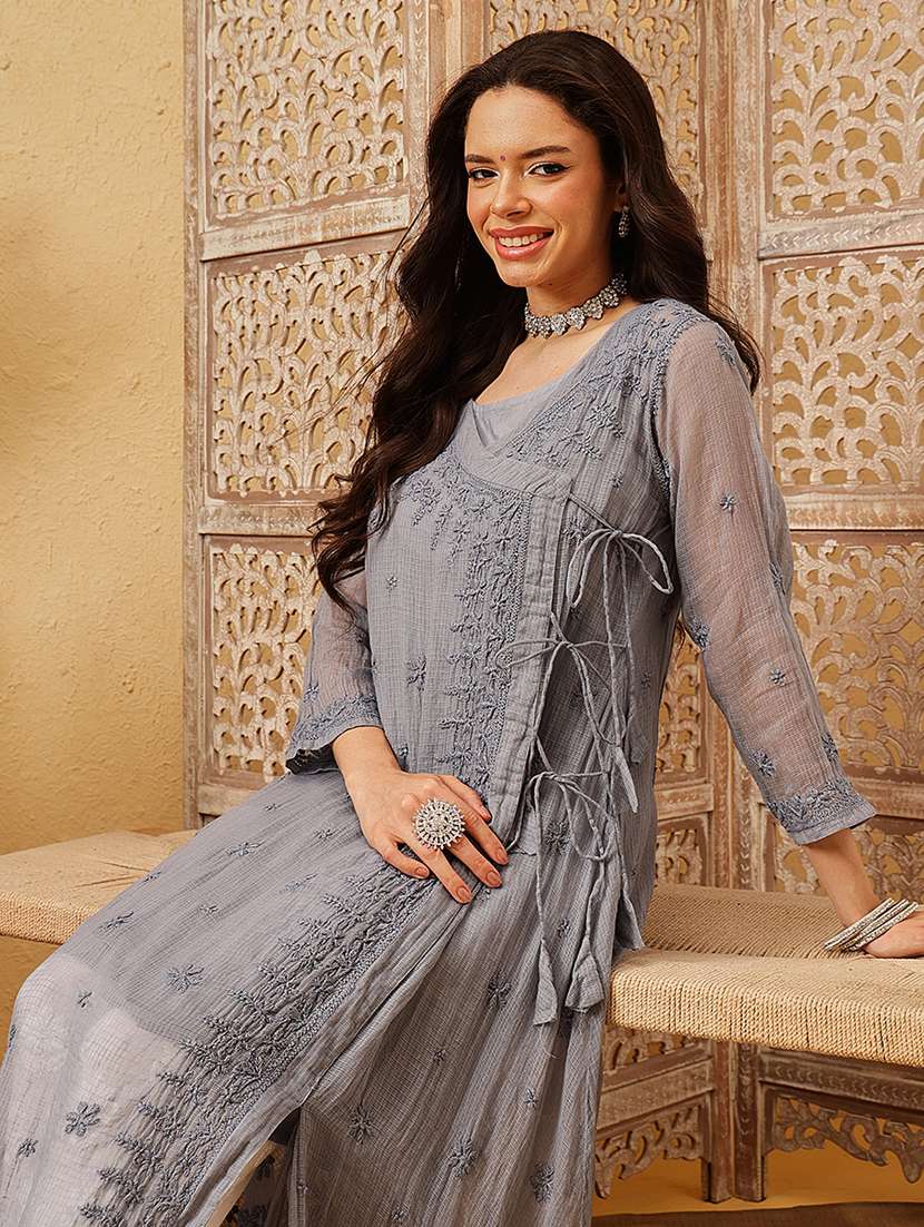 women chikankari three quarter sleeve angrakha kurta - 22377340 -  Standard Image - 6