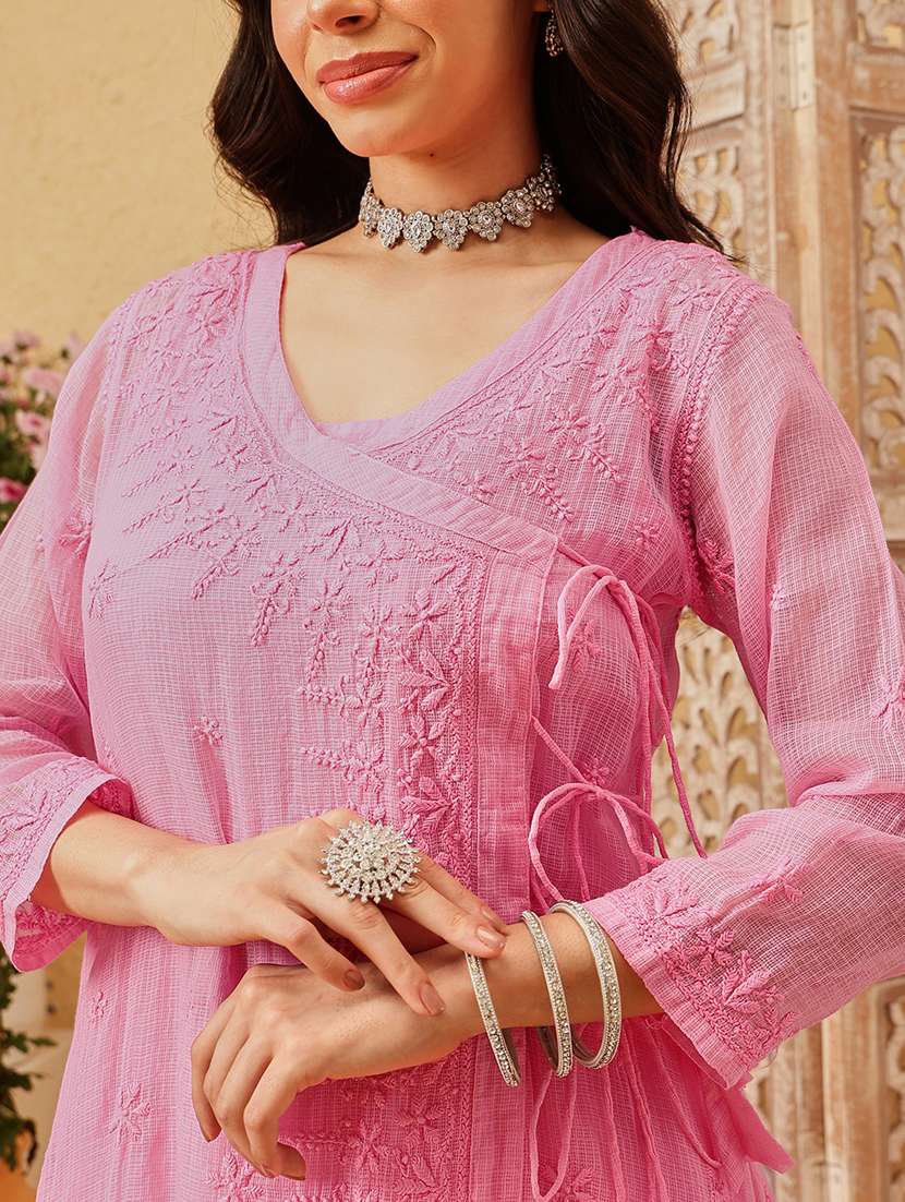 women chikankari three quarter sleeve angrakha kurta - 22377341 -  Standard Image - 1
