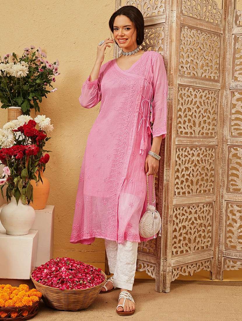 women chikankari three quarter sleeve angrakha kurta - 22377341 -  Standard Image - 4
