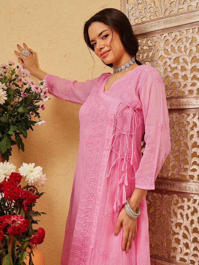 women chikankari three quarter sleeve angrakha kurta - 22377341 -  Standard Image - 6