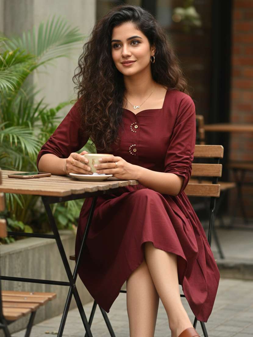 women solid three quarter sleeve ethnic dress - 22377359 -  Standard Image - 4