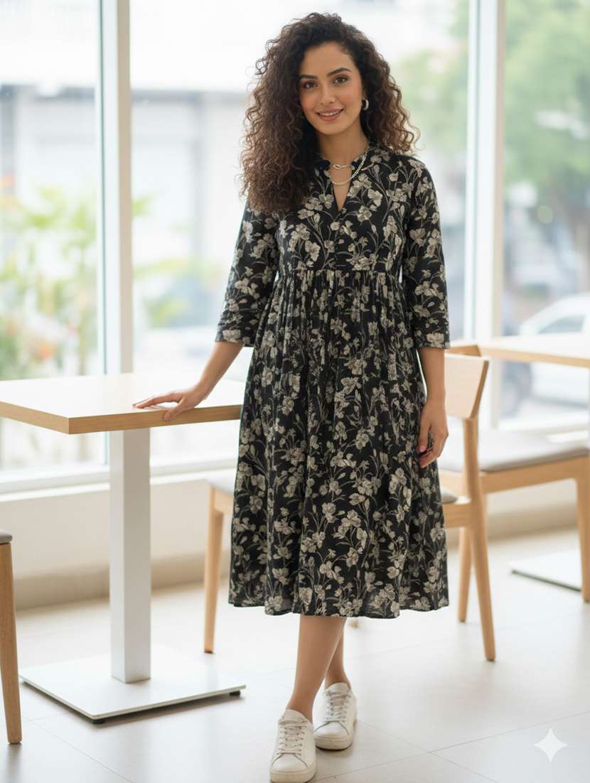 women floral three quarter sleeve ethnic dress