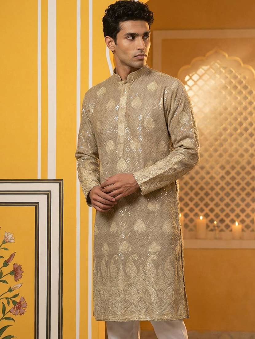 men embroidered mandarin collar long kurta - 22377475 -  Standard Image - 1