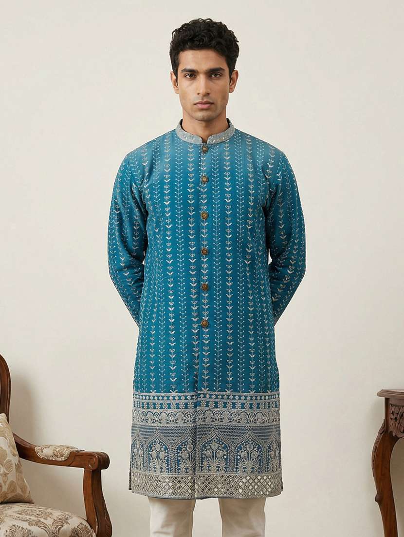 men embroidered mandarin collar long kurta - 22377478 -  Standard Image - 1