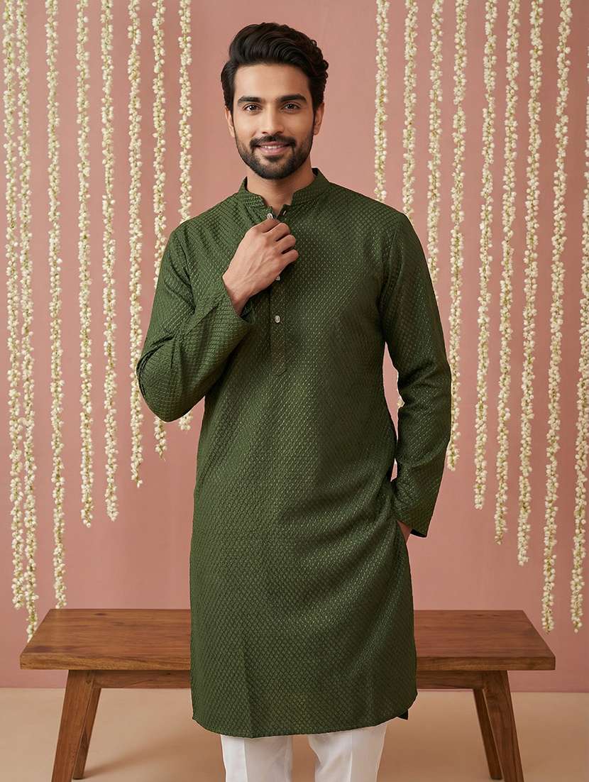 men embroidered mandarin collar long kurta - 22377481 -  Standard Image - 1