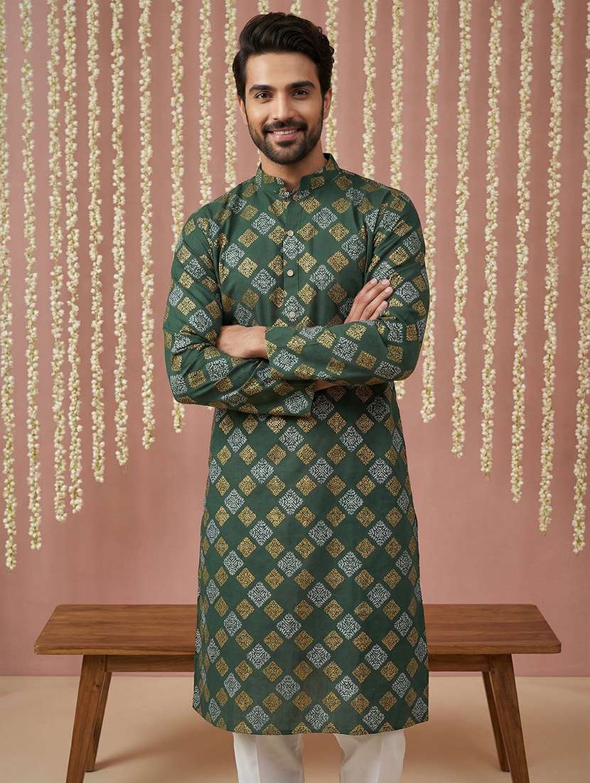 men printed mandarin collar long kurta - 22377491 -  Standard Image - 1