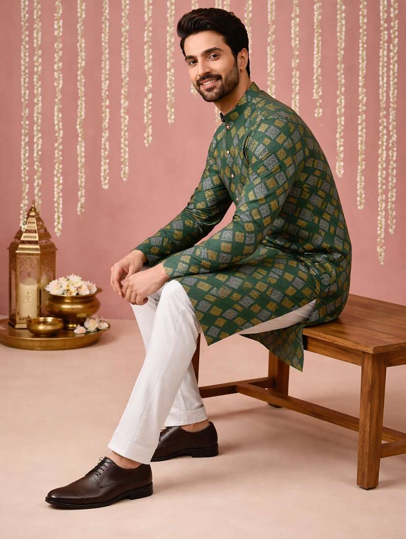 men printed mandarin collar long kurta - 22377491 -  Standard Image - 4