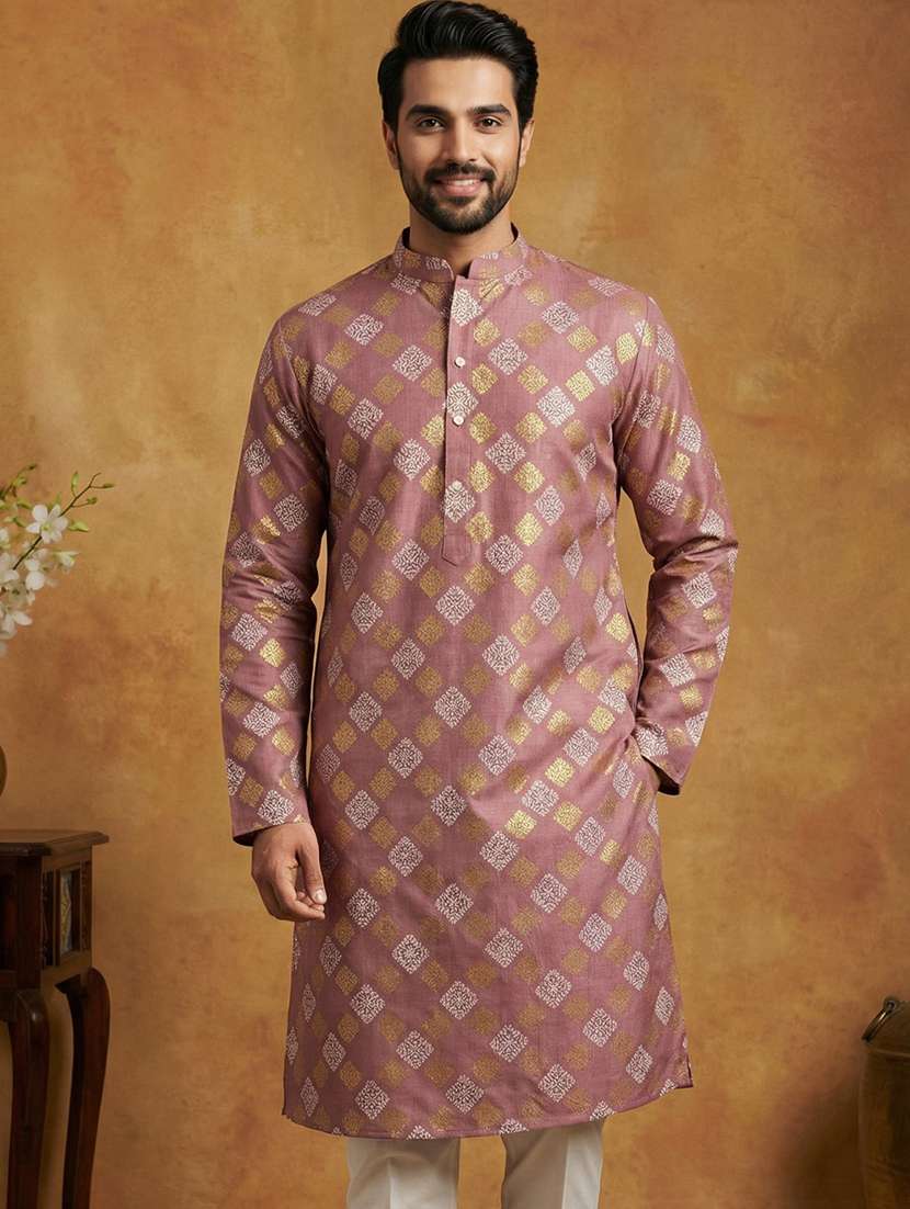 men printed mandarin collar long kurta