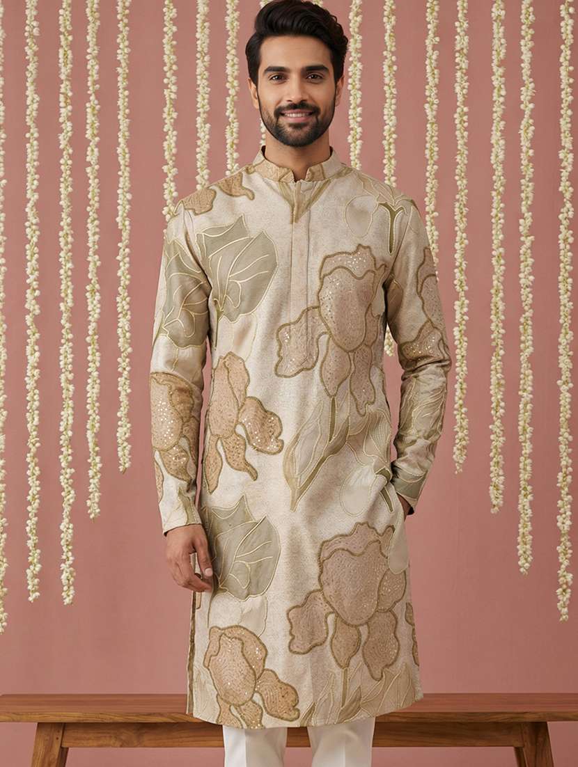 men embroidered mandarin collar long kurta - 22377494 -  Standard Image - 1