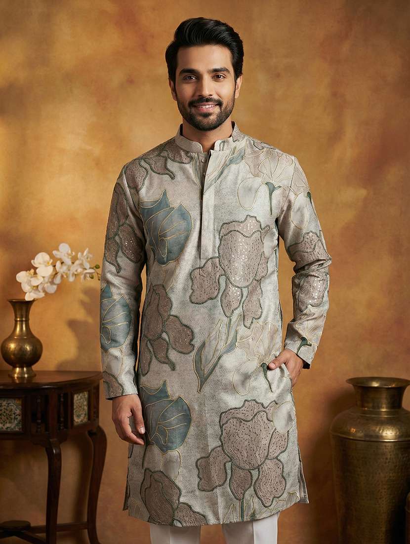 men embroidered mandarin collar long kurta - 22377495 -  Standard Image - 1