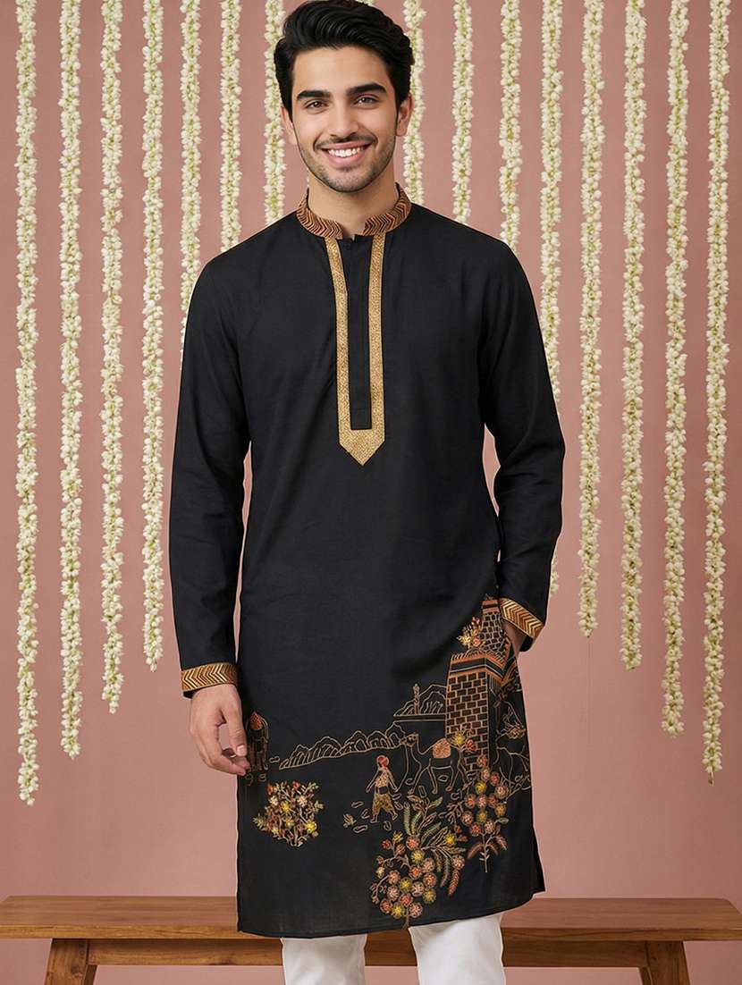 men embroidered mandarin collar long kurta - 22377496 -  Standard Image - 1