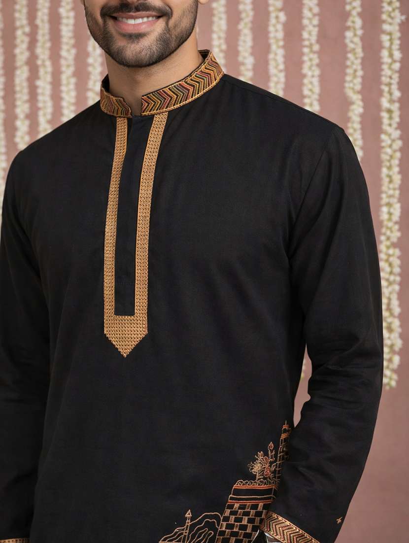 men embroidered mandarin collar long kurta - 22377496 -  Standard Image - 4
