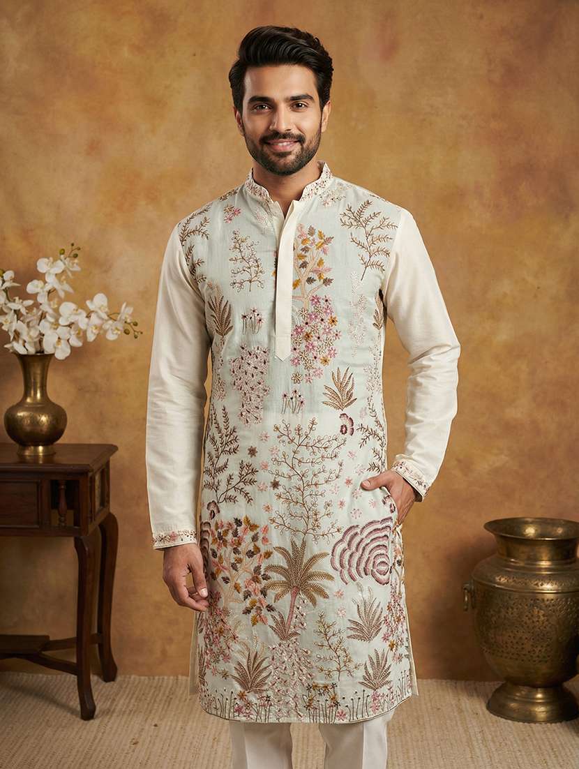 men embroidered mandarin collar long kurta - 22377497 -  Standard Image - 1