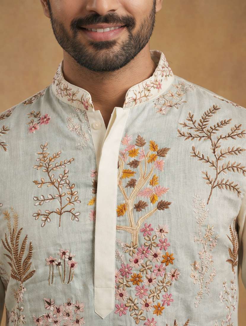 men embroidered mandarin collar long kurta - 22377497 -  Standard Image - 4