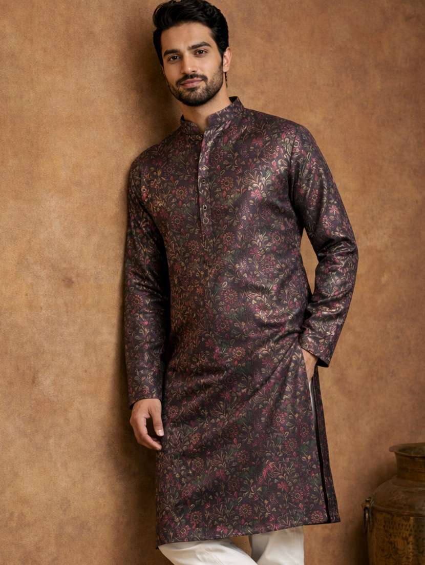 men floral print mandarin collar long kurta - 22377498 -  Standard Image - 1
